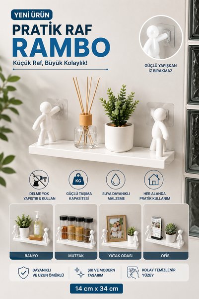 EMİLA HOME Raft autoadeziv de perete - Raft Rambo - Raft decorativ multifuncțional pentru baie, bucătărie, living 14cm x 34 cm