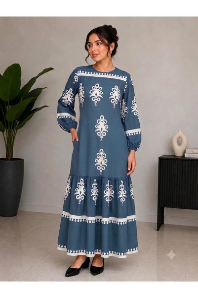 YNS Plus Size Ethnic Patterned Viscose Long Sleeve Belted Dress (Different Colors)