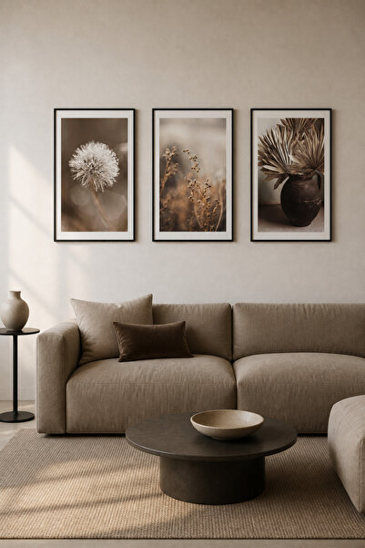 Gepetto Wood Minimalist Botanik Tasarımlı 3'lü Set Çerçeveli Tablo - Modern D...