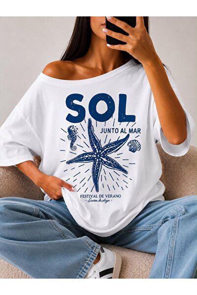 Elvino Sol Starfish Printed Boat Neck Cotton White Women's Oversize Tshirt