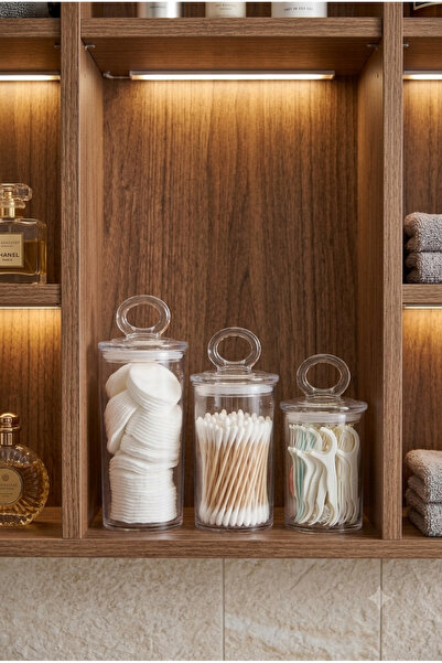 İndecor Houseware 3'lü Şeffaf Banyo Düzenleyici Saklama Kabı Seti | Kapaklı Pamukluk Organizeri | Makyaj Pamuğu, Diş İpi, Kulak Pamuğu ve Pamuk Saklama Kabı