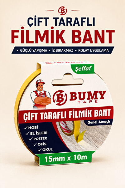 BUMY Çift Taraflı Filmik Bant 15 mm x 10 Metre Şeffaf Yapışkanlı Bandları Hob...