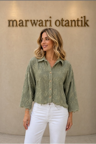 MARWARİ OTANTİK BUTİK Women's Collared Shirt with Embroidery and Embossing 38-46