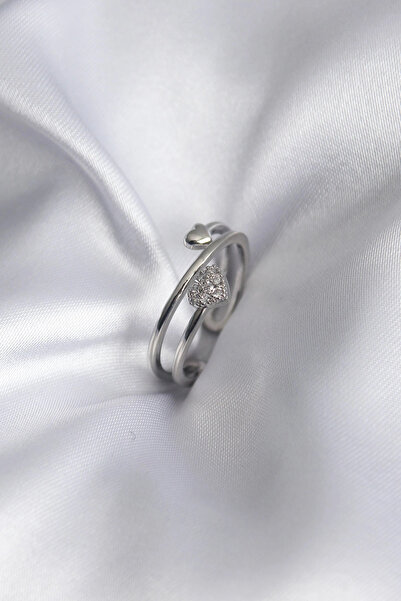 SORA GROUP Brass Silver Color Zircon Stone Detail Heart Model Women's Ring