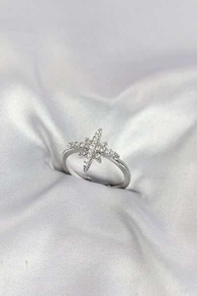 SORA GROUP Brass Silver Color Pole Star Model Zircon Stone Women's Ring