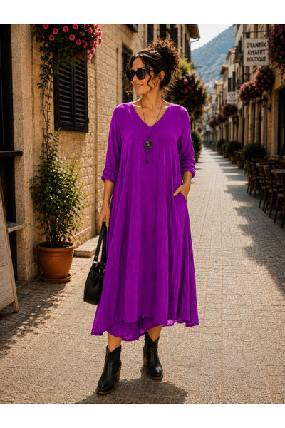 EREN STYLE Italian v-neck long sleeve linen dress
