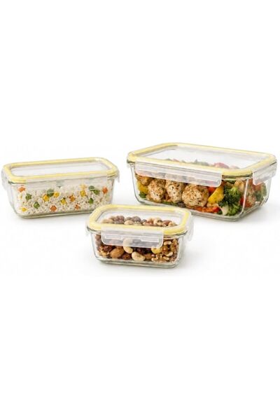 Generic Rectangular Glass Food Storage Container Set, 3 Pieces with Locking L...
