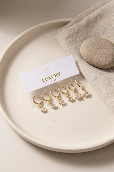 SORA GROUP Star Zircon Stone Gold Color Brass Set Earrings