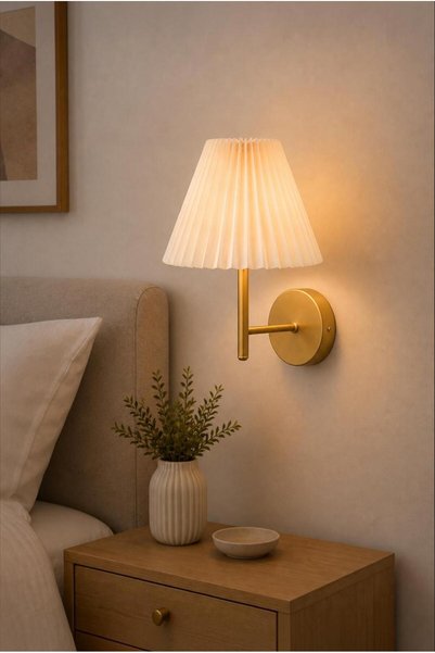 Elizim Home Lighting Luna Pleated Modern Wall Sconce – Cream Hat-Shaped, Gold Base, 15 cm Decorative Sconce for Bedroom, Living Room, Teen's Room