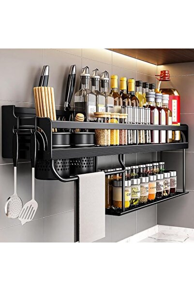 AZONEE 2-Tier Wall Mounted Kitchen Organizer Rack, Pantry Shelf with 8 Hooks ...