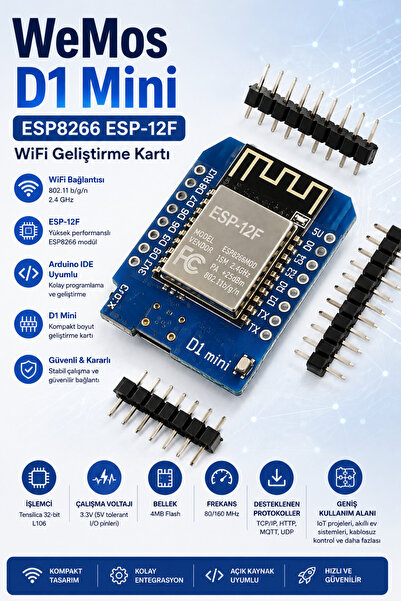 RoboPazar WeMos D1 Mini ESP8266 ESP-12F WiFi Geliştirme Kartı – 4MB IoT Arduino Uyumlu