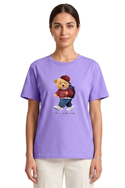 DK DAKSEL Women's Lilac Teddy Bear Printed T-Shirt Life Is a Journey Comforta...