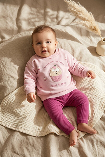 Babydonat Baby Girl Pink Cupcake Embroidered Sweatshirt and Fuchsia Ribbed Le...