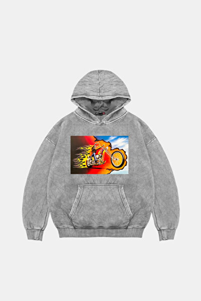 Sekizbiraltı Hanorac alb lavabil, oversize, unisex, cu imprimeu Ghost Rider