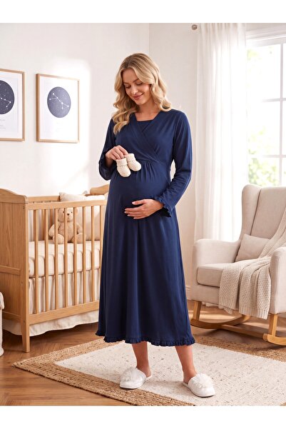 Lohusa Homewear New Season Navy Blue Double-Breasted Collar, Easy Breastfeedi...
