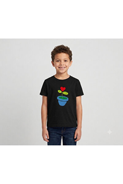 TİMİSİVA Black Family Matching T-Shirt Set - Heart Flower Pot and Watered Pla...