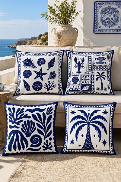 EVPANYA Set de 4 huse de pernă cu model Indigo Blue Seafood