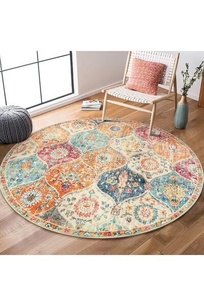 HZYH 3ft Washable Moroccan Trellis Round Area Rug, Non-Slip Soft Vintage Ultr...