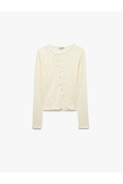 Koton Slim Fit Cotton Crew Neck Asymmetrical Button Detailed Long Sleeve Lace...