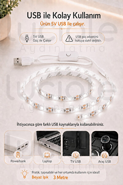luciole 3 Metre Beyaz USB Şerit LED 5V Aç Kapa Anahtarlı Mutfak TV Masa Raf Powerbank Kamp Led Işık