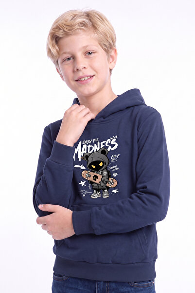 panios kids Erkek Çocuk Baskılı Kanguru Cepli Uzun Kollu Kapüşonlu Sweatshirt