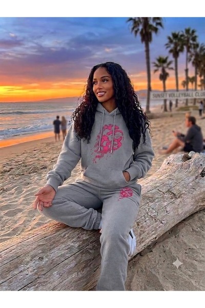 WOODROFFE Women's Volleyball Pink Printed Oversize Hooded Tracksuit Set Casual