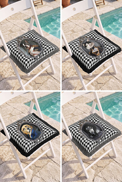 Realhomes Framed Cat and Dog Portrait with Houndstooth Pattern 4-Piece Fringe...