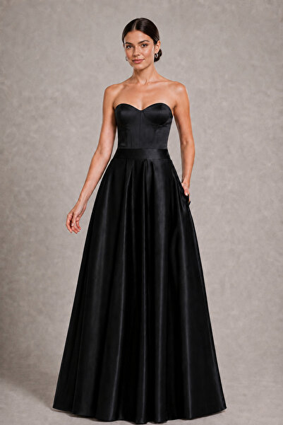 2021 NSM LİFE quality of life Wide Belted Noble Posture Black Satin Long Flar...