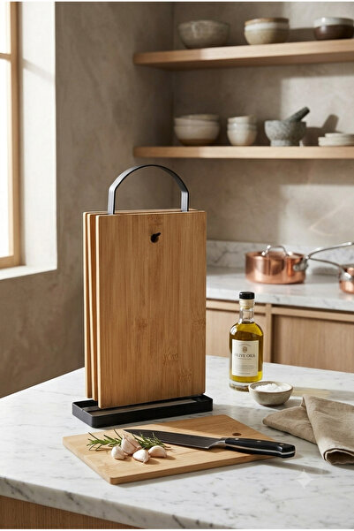 KLARHAUS Kessy Set of 4 Bamboo Cutting Boards – with Black Metal Stand and Ca...