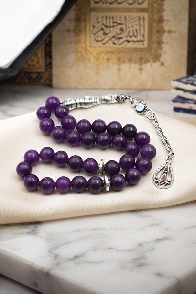 Prestige Natural Amethyst Stone 33 Prayer Beads with Metal Tassels 8mm Sphere...