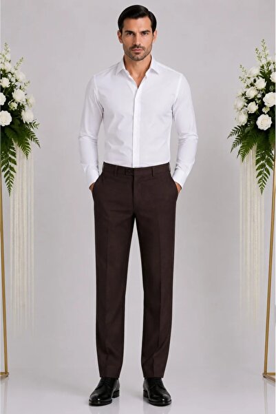 OEM Pantalon simplu, clasic, de culoare maro, din material de bumbac