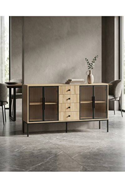 DEC61 Modern Wooden Buffet Cabinet and Storage Cupboard with Glass Doors