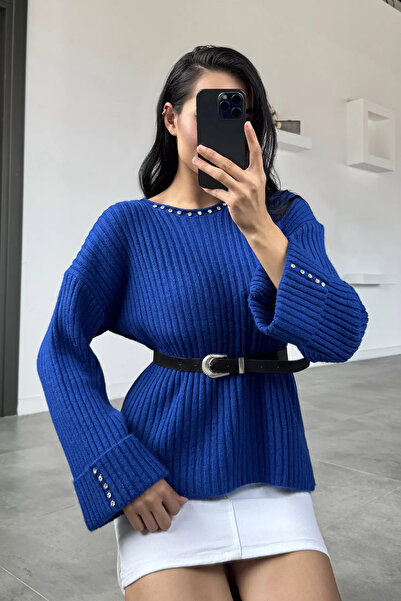 Aryena Saksmavi Women's Stone Embroidered Self-Patterned Knitwear Sweater