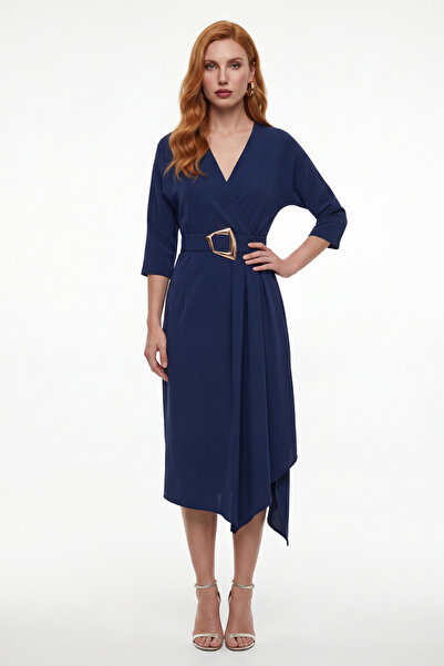 Lafaba Women's Navy Blue Double-Breasted Collar Belted Midi Event Dress