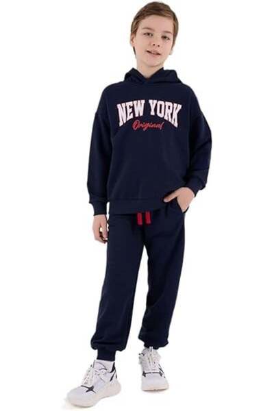 Rolypoly Boy's New York Printed Hooded Tracksuit Set 2-8 Years Dark Blue