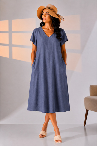 LİKAPA Likapashop Viscose Blended Plus Size Denim Pattern Double Pocket V-Nec...