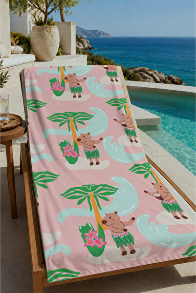 Evmila Pink Tropical Capybara and Palm Tree Patterned 70X150 Beach Towel - Co...
