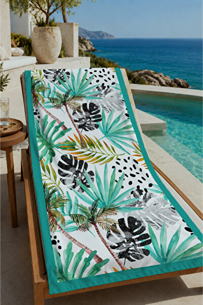 Evmila Turquoise Tropical Leaf and Zebra Patterned 70X150 Beach Towel - Cotto...