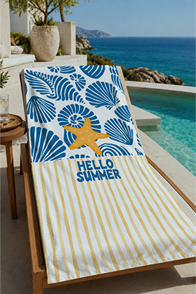 Evmila Blue Tropical Leaf Yellow Flower Hello Summer Patterned 70X150 Beach T...