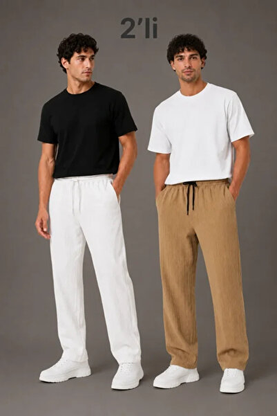Şeker Portakalım Men's 2-Piece Wrinkled Fabric Elastic Waist Lace-Up Wide Leg...