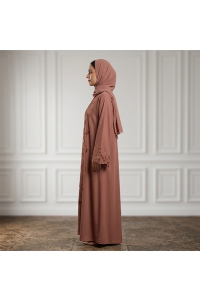 Nukhbaa Muted Rose Appliqué Lace-Bordered Abaya