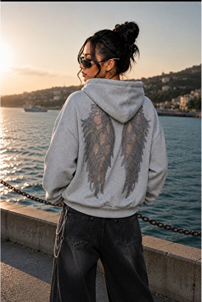 eyonnwear Γοτθικό φούτερ με κουκούλα και σχέδιο φτερού από δαντέλα, σε μεγάλο...