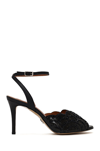 Derimod Women's Black Ankle Buckle Stone Detailed Thin Heeled Leather Sandals...