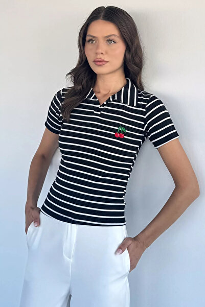 Aryena تي شيرت نسائي أسود بياقة بولو ونقشة خطوط مطرزة