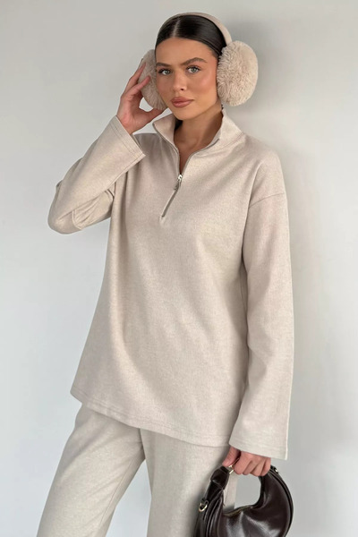 Aryena Stone Women's Polo Collar Thessaloniki Fabric Sweat Elastic Waist Pant...