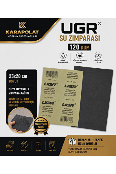 KARAPOLAT UGR Su Zımparası 120 Kum 23x28 cm Suya Dayanıklı Zımpara Kağıdı – A...