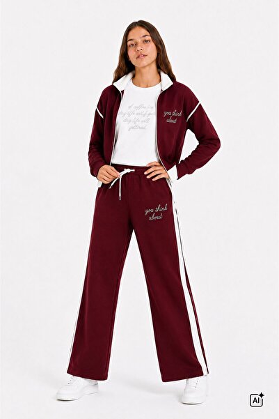 Cansın Mini Burgundy Girls' Stone-Embellished High-Neck Cardigan Wide Leg 3-P...