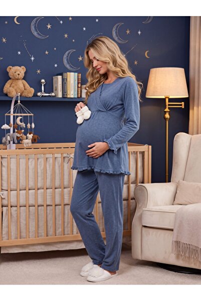 Lohusa Homewear طقم بيجامة للحوامل من نيو سيزون إنديجو بياقة مزدوجة الصدر وتص...