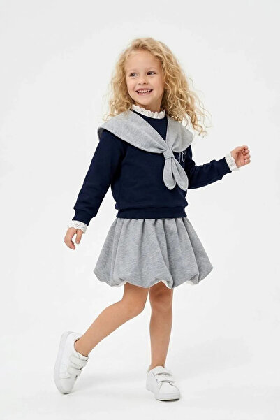 Minigimin Cicileri Girl's Suit with Shawl Collar and Balloon Skirt - Navy Blue