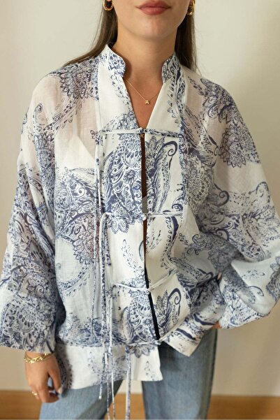 Lavanta Tekstil Cotton Kimono Shirt with Drawstrings